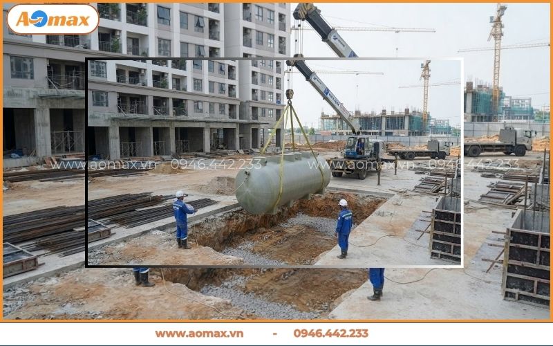 Cẩu lắp đặt module trạm xử lý nước thải khu dân cư vào hố móng