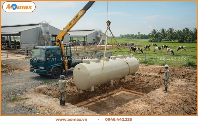 Cẩu hạ module hợp khối xử lý nước thải chăn nuôi bò tại công trình