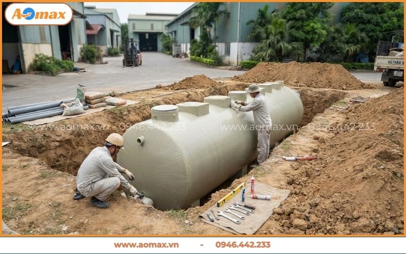 Công nhân AOmax thi công lắp đặt trạm xử lý nước thải Nghệ An