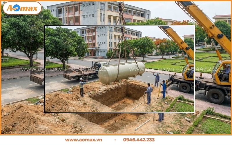 Cẩu hạ thiết bị bồn bể vào trạm xử lý nước thải trường học